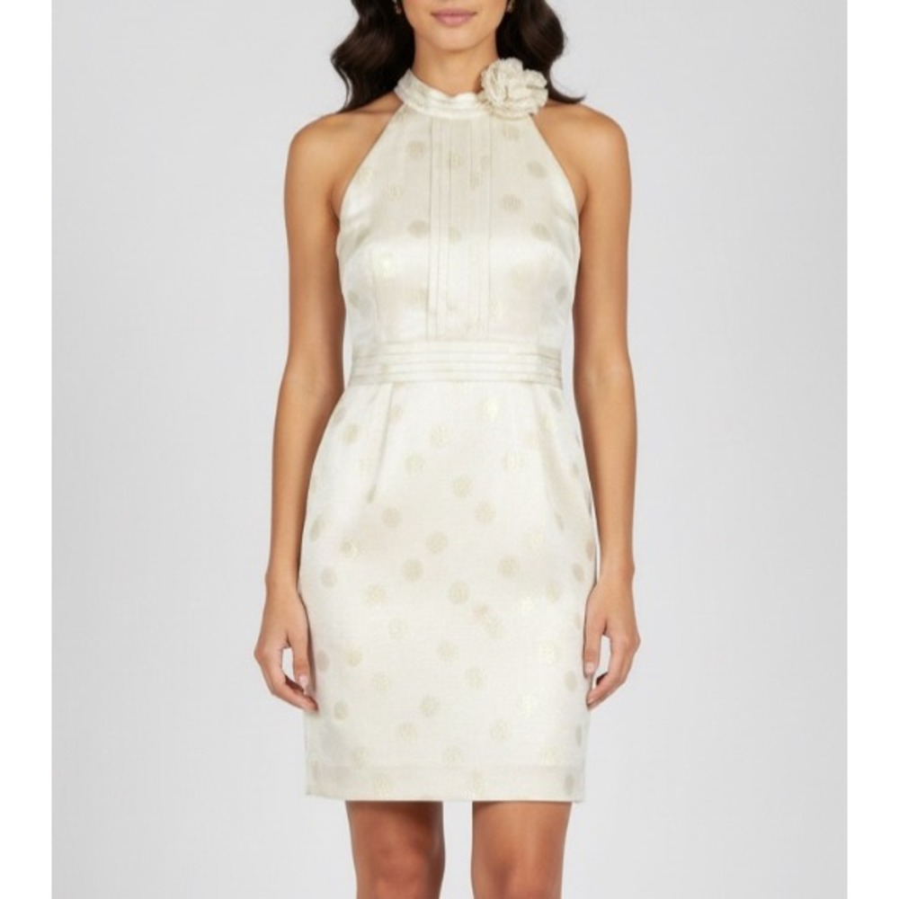 ANTONIO MELANI Champagne TONAL DOTS Silk Sheath Dress COCKTAIL PARTY Halter 4